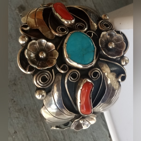 Turquoise Coral VTG Sterling Silver Southwest Signed IB 46 G Cuff Bracelet - Picture 15 of 16